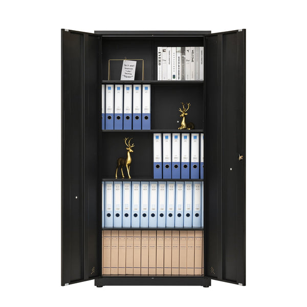 English Elm High Steel Storage Cabinet with Lockable Double Doors, Heavy-Duty Shelves, Quiet Magnetic Closure Black W252126639