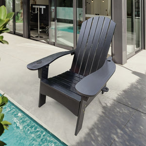 English Elm Outdoor Hardwood Adirondack Chair with Umbrella Hole Wide Seat Porch Patio Black W2297P143394