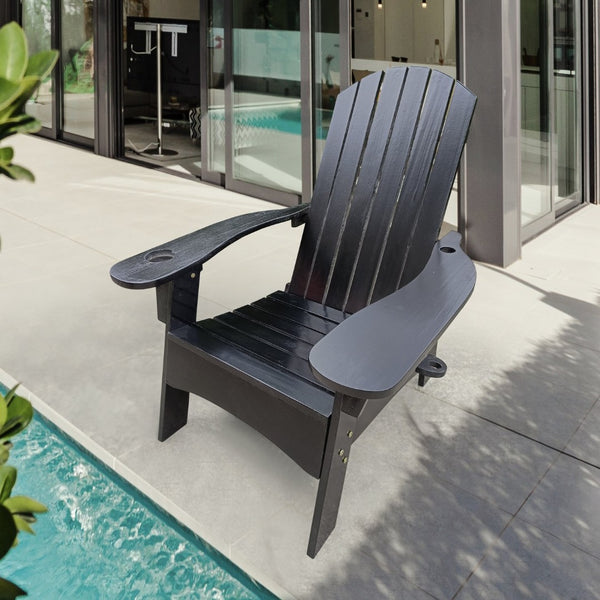 English Elm Outdoor Hardwood Adirondack Chair with Umbrella Hole Wide Seat Porch Patio Black W2297P143394