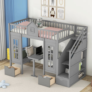 English Elm Twin-over-twin Bunk Bed Convertible Lower Desk Solid Pine Kids Bedroom Space Saver Gray LT000681AAE-1