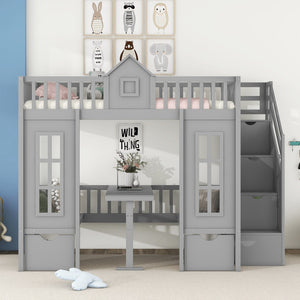 English Elm Twin-over-twin Bunk Bed Convertible Lower Desk Solid Pine Kids Bedroom Space Saver Gray LT000681AAE-1