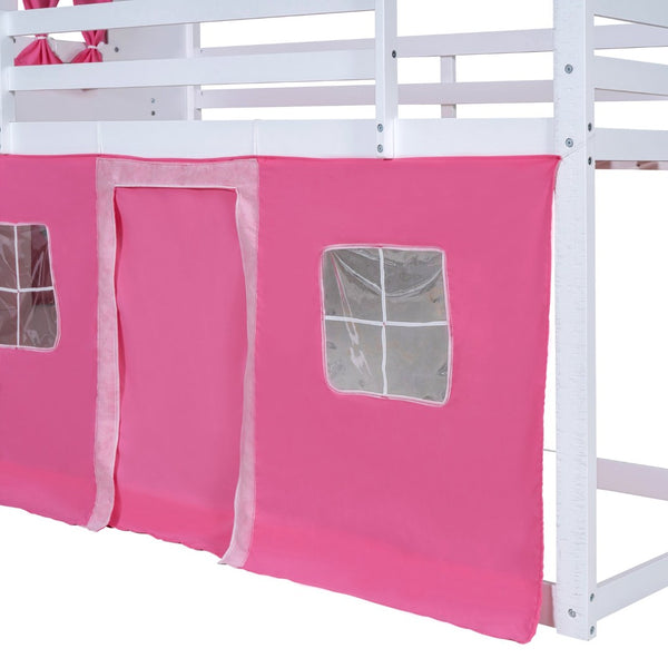 English Elm Twin Playhouse Bunk Bed Pinewood Cottage Style with Framed Windows and Cozy Lower Nook LT000359AAH