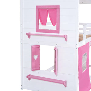 English Elm Twin Playhouse Bunk Bed Pinewood Cottage Style with Framed Windows and Cozy Lower Nook LT000359AAH