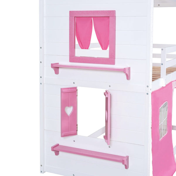 English Elm Twin Playhouse Bunk Bed Pinewood Cottage Style with Framed Windows and Cozy Lower Nook LT000359AAH