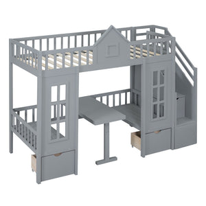 English Elm Twin-over-twin Bunk Bed Convertible Lower Desk Solid Pine Kids Bedroom Space Saver Gray LT000681AAE-1