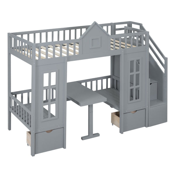 English Elm Twin-over-twin Bunk Bed Convertible Lower Desk Solid Pine Kids Bedroom Space Saver Gray LT000681AAE-1