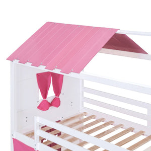 English Elm Twin Playhouse Bunk Bed Pinewood Cottage Style with Framed Windows and Cozy Lower Nook LT000359AAH