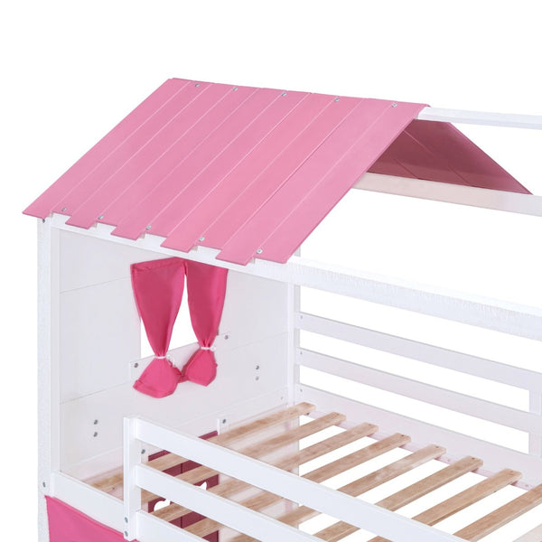 English Elm Twin Playhouse Bunk Bed Pinewood Cottage Style with Framed Windows and Cozy Lower Nook LT000359AAH