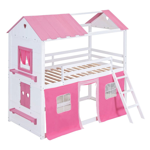 English Elm Twin Playhouse Bunk Bed Pinewood Cottage Style with Framed Windows and Cozy Lower Nook LT000359AAH