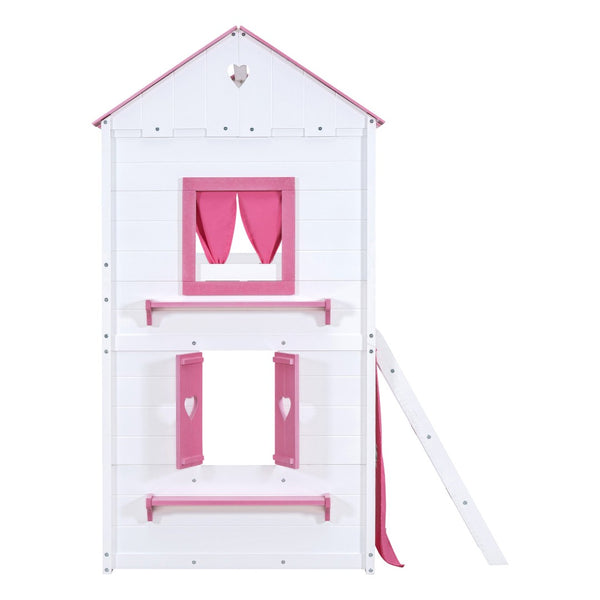 English Elm Twin Playhouse Bunk Bed Pinewood Cottage Style with Framed Windows and Cozy Lower Nook LT000359AAH