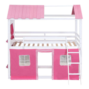 English Elm Twin Playhouse Bunk Bed Pinewood Cottage Style with Framed Windows and Cozy Lower Nook LT000359AAH