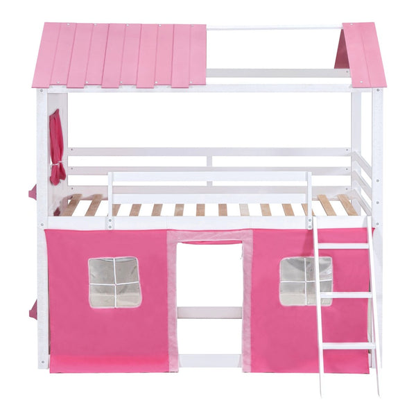 English Elm Twin Playhouse Bunk Bed Pinewood Cottage Style with Framed Windows and Cozy Lower Nook LT000359AAH