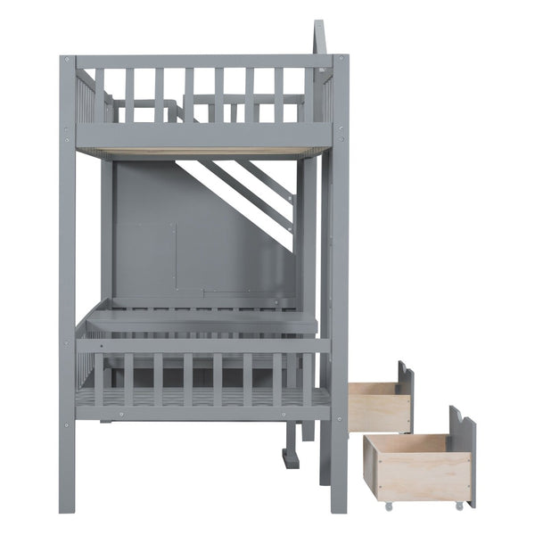 English Elm Twin-over-twin Bunk Bed Convertible Lower Desk Solid Pine Kids Bedroom Space Saver Gray LT000681AAE-1