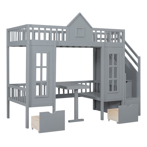 English Elm Twin-over-twin Bunk Bed Convertible Lower Desk Solid Pine Kids Bedroom Space Saver Gray LT000681AAE-1