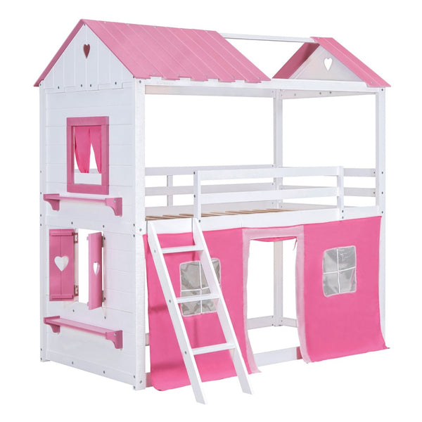 English Elm Twin Playhouse Bunk Bed Pinewood Cottage Style with Framed Windows and Cozy Lower Nook LT000359AAH