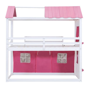 English Elm Twin Playhouse Bunk Bed Pinewood Cottage Style with Framed Windows and Cozy Lower Nook LT000359AAH