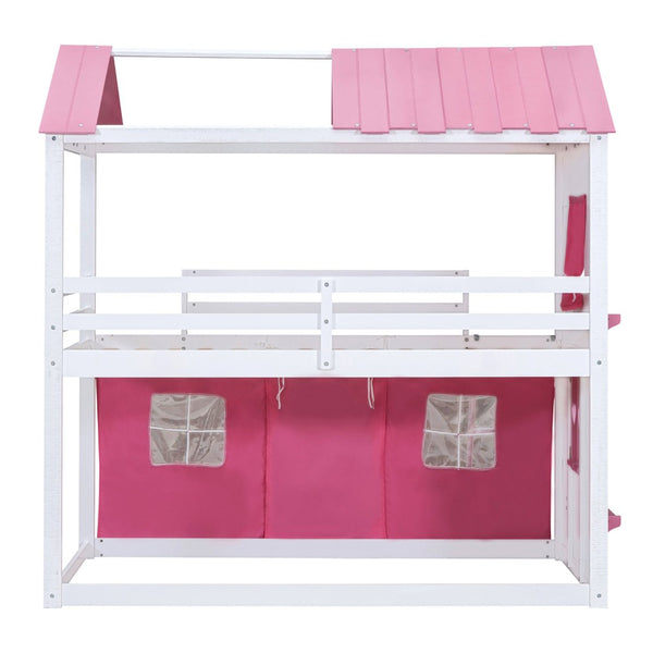 English Elm Twin Playhouse Bunk Bed Pinewood Cottage Style with Framed Windows and Cozy Lower Nook LT000359AAH