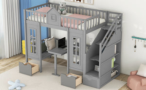 English Elm Twin-over-twin Bunk Bed Convertible Lower Desk Solid Pine Kids Bedroom Space Saver Gray LT000681AAE-1