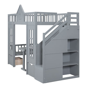 English Elm Twin-over-twin Bunk Bed Convertible Lower Desk Solid Pine Kids Bedroom Space Saver Gray LT000681AAE-1