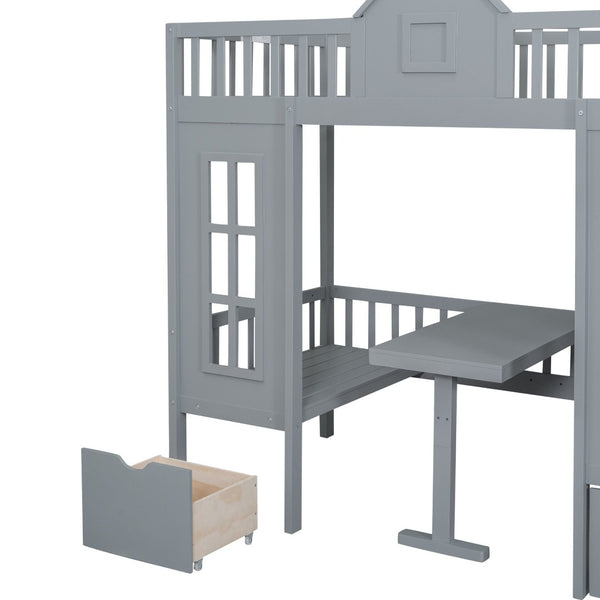 English Elm Twin-over-twin Bunk Bed Convertible Lower Desk Solid Pine Kids Bedroom Space Saver Gray LT000681AAE-1