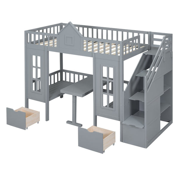 English Elm Twin-over-twin Bunk Bed Convertible Lower Desk Solid Pine Kids Bedroom Space Saver Gray LT000681AAE-1