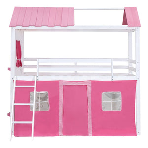 English Elm Twin Playhouse Bunk Bed Pinewood Cottage Style with Framed Windows and Cozy Lower Nook LT000359AAH