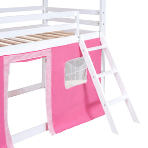 English Elm Twin Playhouse Bunk Bed Pinewood Cottage Style with Framed Windows and Cozy Lower Nook LT000359AAH