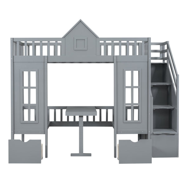English Elm Twin-over-twin Bunk Bed Convertible Lower Desk Solid Pine Kids Bedroom Space Saver Gray LT000681AAE-1