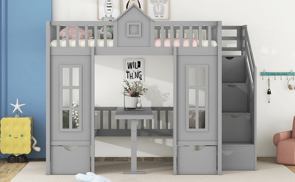 English Elm Twin-over-twin Bunk Bed Convertible Lower Desk Solid Pine Kids Bedroom Space Saver Gray LT000681AAE-1
