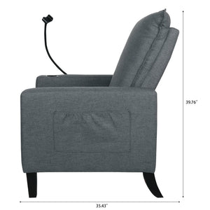 English Elm Recliner Chair with Phone Holder Cup Storage Push Back Fabric Seat for Living Room Grey W680131614