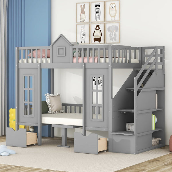 English Elm Twin-over-twin Bunk Bed Convertible Lower Desk Solid Pine Kids Bedroom Space Saver Gray LT000681AAE-1