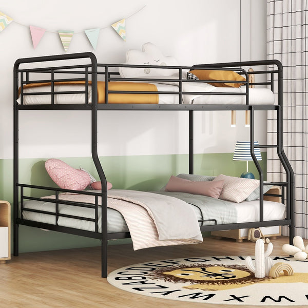 English Elm Full Full XL Over Queen Metal Bunk Bed with Chrome-Finish Iron Frame, Sturdy Space-Saving Design for Teens and Guests Black SF000025AAB