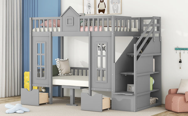 English Elm Twin-over-twin Bunk Bed Convertible Lower Desk Solid Pine Kids Bedroom Space Saver Gray LT000681AAE-1