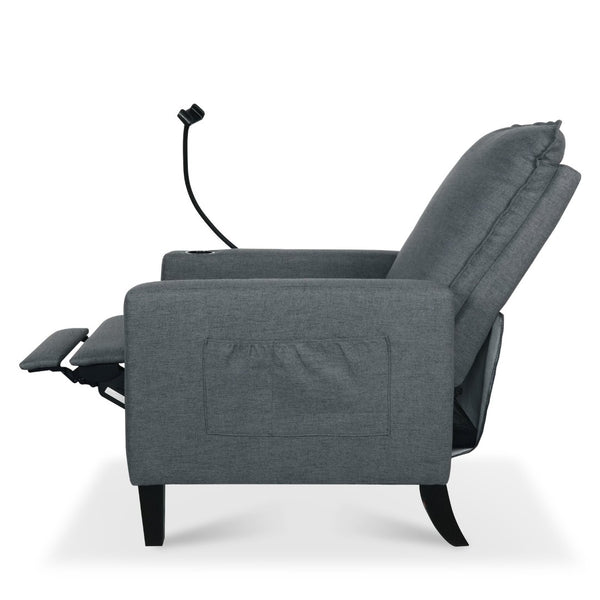 English Elm Recliner Chair with Phone Holder Cup Storage Push Back Fabric Seat for Living Room Grey W680131614