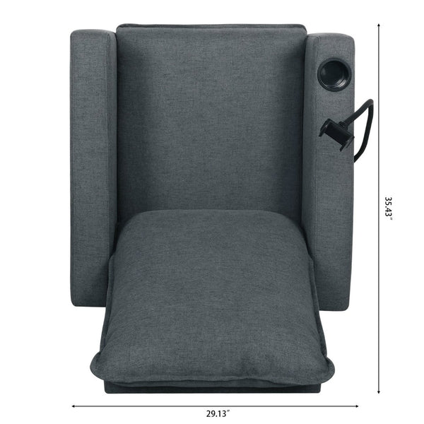 English Elm Recliner Chair with Phone Holder Cup Storage Push Back Fabric Seat for Living Room Grey W680131614
