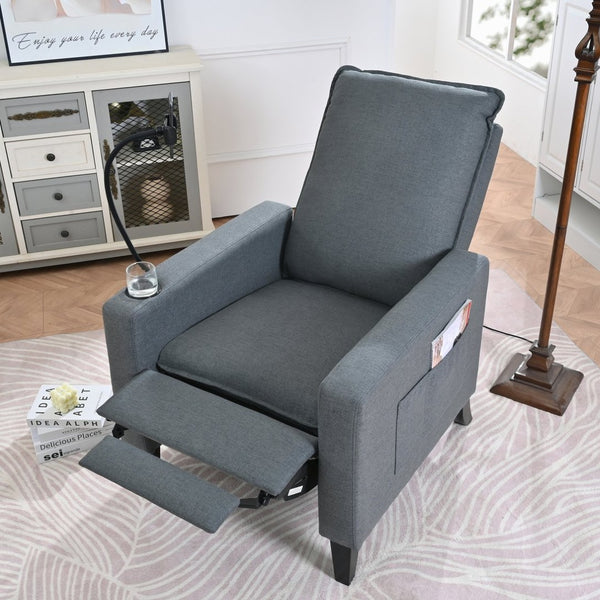 English Elm Recliner Chair with Phone Holder Cup Storage Push Back Fabric Seat for Living Room Grey W680131614