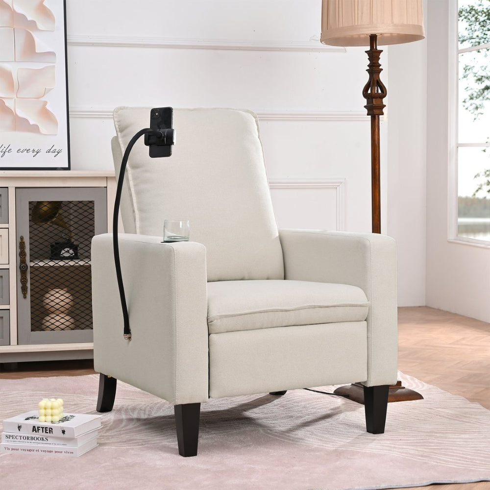 English Elm Recliner Chair with Phone Holder Cup Storage Push Back Fabric Seat for Living Room Beige W680131613