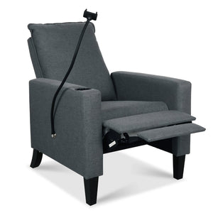 English Elm Recliner Chair with Phone Holder Cup Storage Push Back Fabric Seat for Living Room Grey W680131614