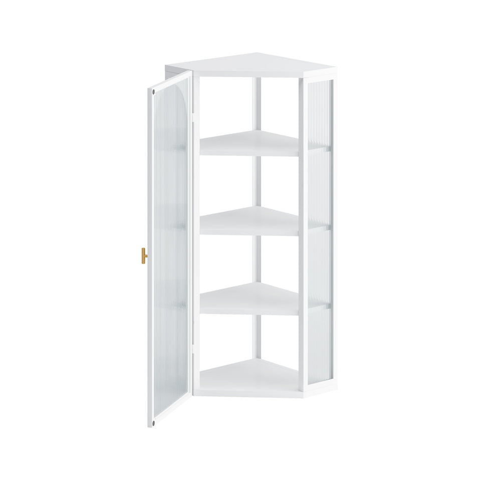 English Elm Glass Ribbed Glass Door Corner Cabinet Wall Mounted 4-Tier Storage White Modern Dust-Resistant 22"L x 41"H W757130160