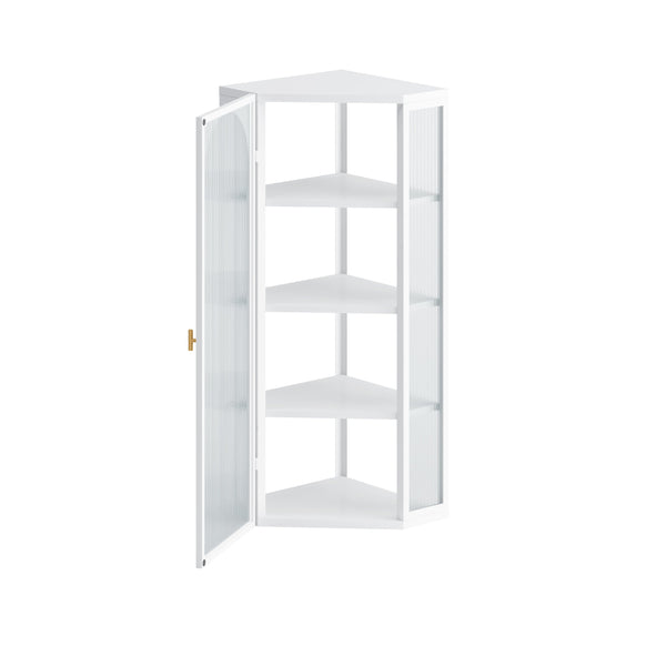 English Elm Glass Ribbed Glass Door Corner Cabinet Wall Mounted 4-Tier Storage White Modern Dust-Resistant 22"L x 41"H W757130160