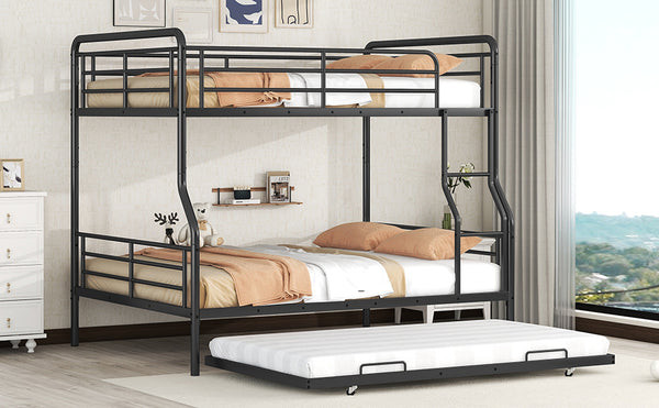 English Elm Full XL Over Queen Metal Bunk Bed with Twin Trundle, Chrome-Finish Iron Frame, Sturdy Space-Saver Black SF000026AAB