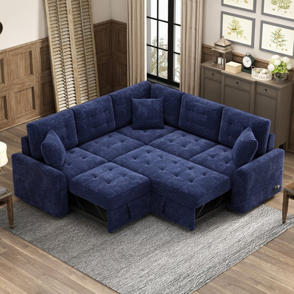 English Elm 82.6" Velveteen L-shaped Sleeper Sectional with Usb Ports and Power Sockets for Living Room SG001230AAC