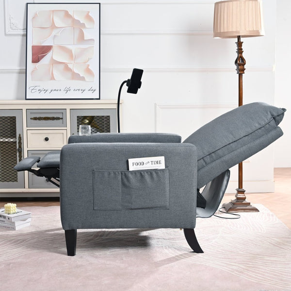 English Elm Recliner Chair with Phone Holder Cup Storage Push Back Fabric Seat for Living Room Grey W680131614