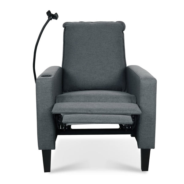 English Elm Recliner Chair with Phone Holder Cup Storage Push Back Fabric Seat for Living Room Grey W680131614