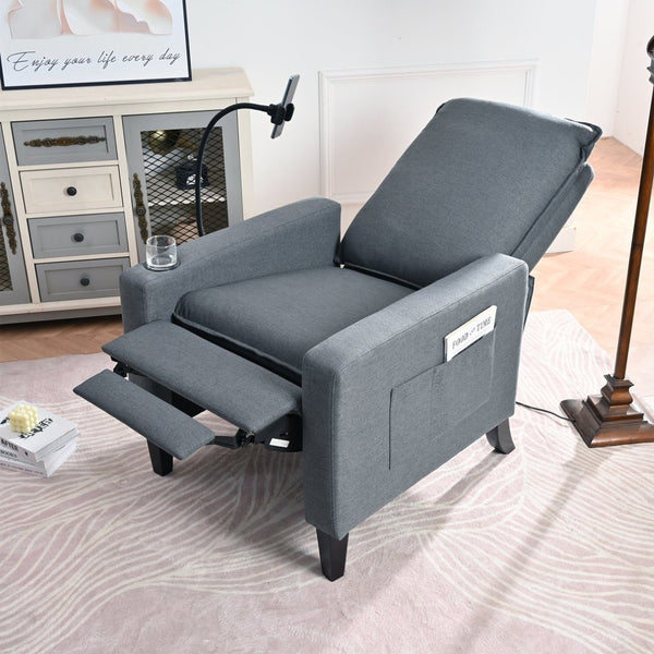 English Elm Recliner Chair with Phone Holder Cup Storage Push Back Fabric Seat for Living Room Grey W680131614