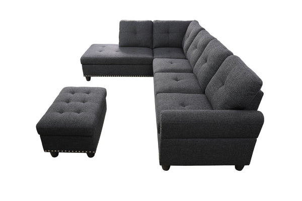 English Elm Alger Linen-Blend 98" Left-Facing Sofa & Chaise with Storage Ottoman, Tufted Back & Nailhead Trim Charcoal grey B102S00054