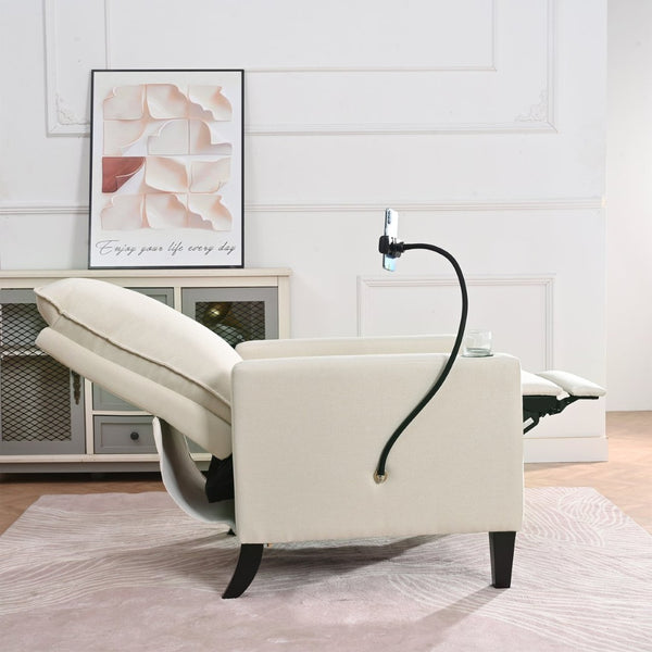 English Elm Recliner Chair with Phone Holder Cup Storage Push Back Fabric Seat for Living Room Beige W680131613