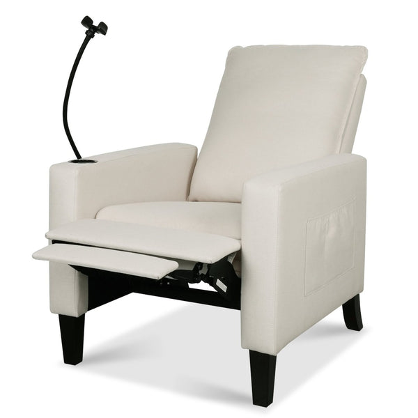 English Elm Recliner Chair with Phone Holder Cup Storage Push Back Fabric Seat for Living Room Beige W680131613