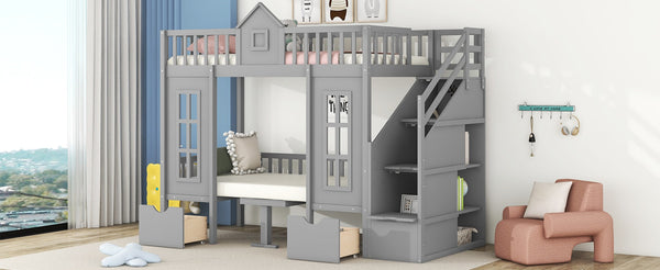 English Elm Twin-over-twin Bunk Bed Convertible Lower Desk Solid Pine Kids Bedroom Space Saver Gray LT000681AAE-1