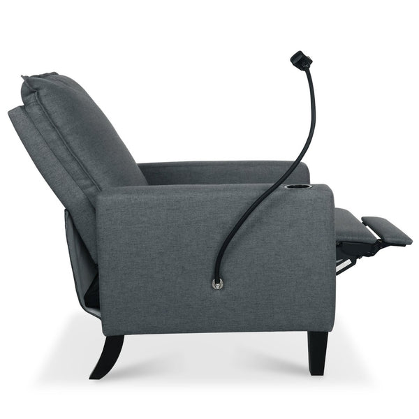 English Elm Recliner Chair with Phone Holder Cup Storage Push Back Fabric Seat for Living Room Grey W680131614